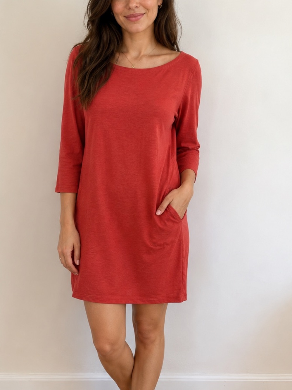 Garnet Hill boat-neck shift dress with 3/4 sleeves and pockets. size 12